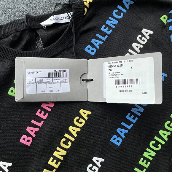 NWT Balenciaga Allover Logo Sweater Black Multicolor Print Cotton Puff Ink Knit - Picture 6 of 10